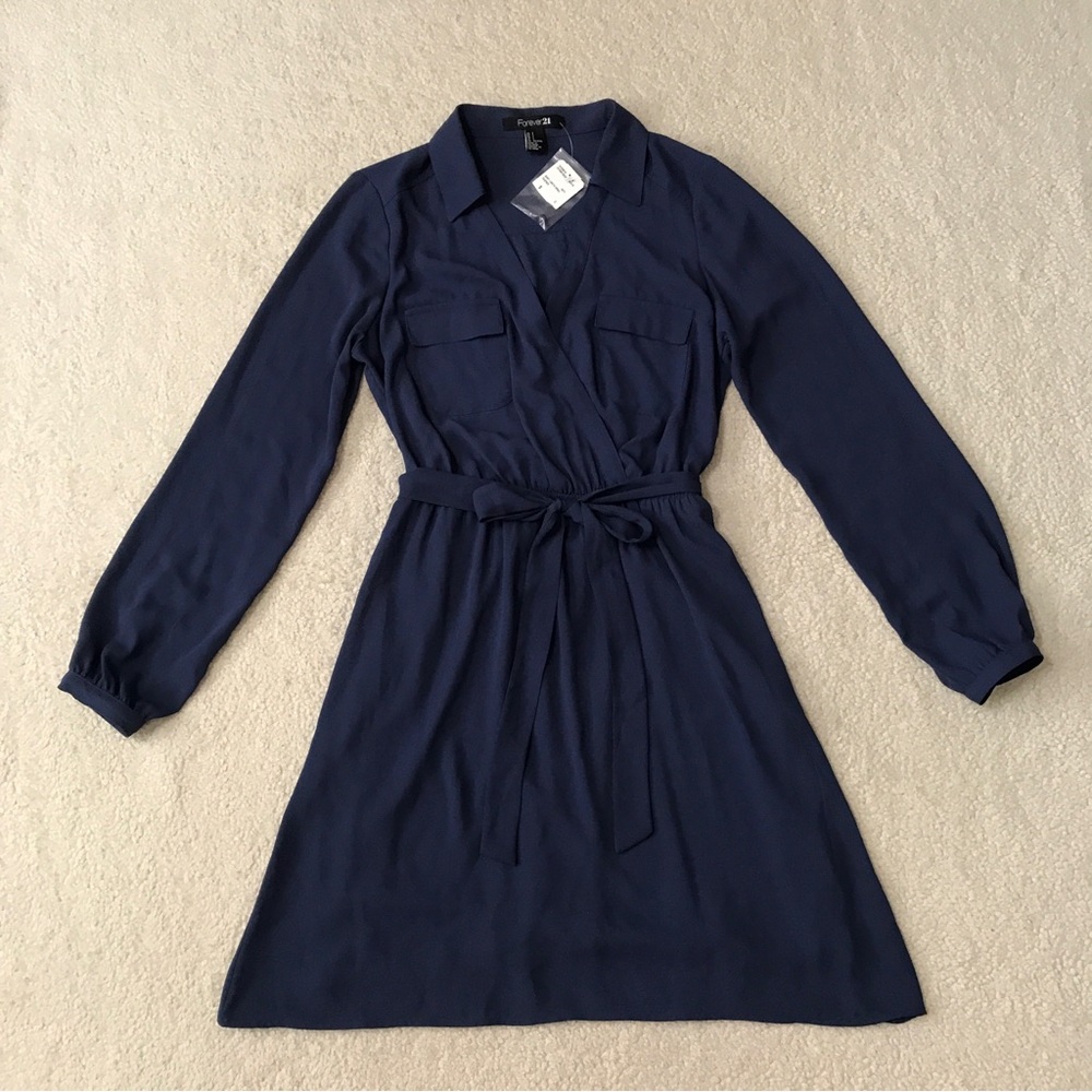 Forever 21 Long Sleeve Shirt Dress with Belt Dark Blue Size S